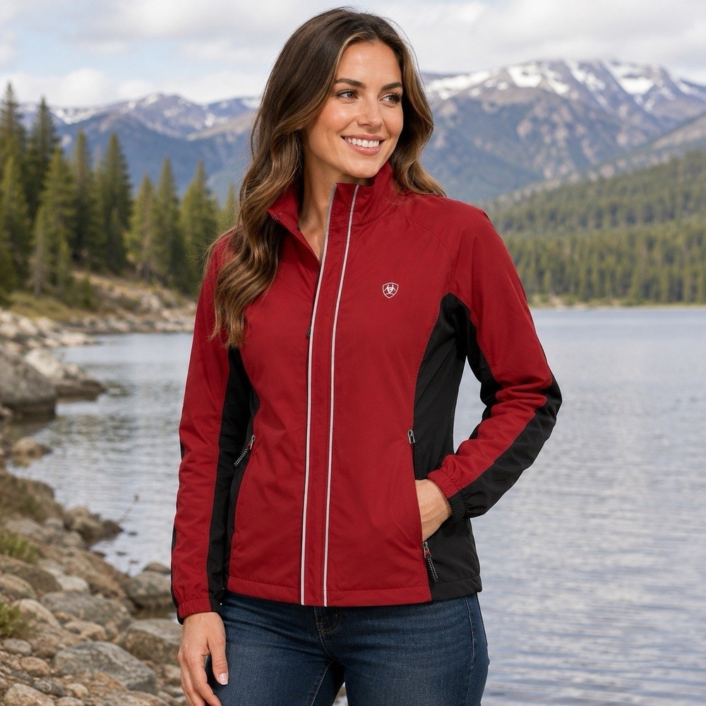 Ariat Women's Large Light Windbreaker Jacket Red Black Full Zip Reflective Trim